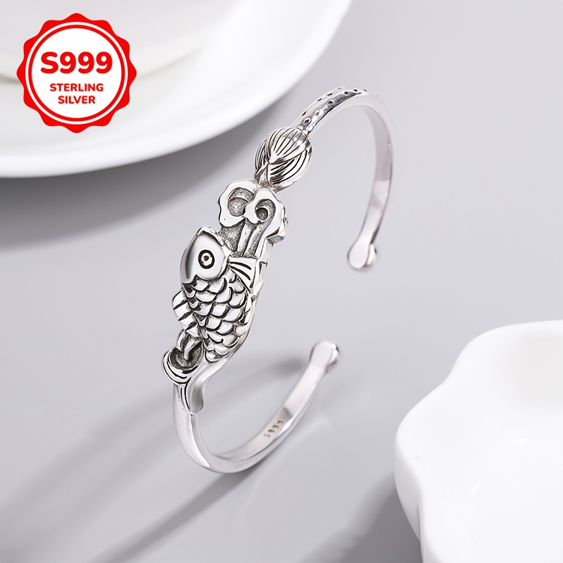 Adjustable Lotus Fish Bangle Bracelet for Women with Openwork Patterns